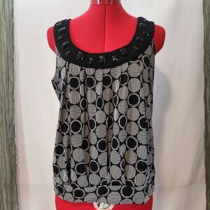 CHARTER ONE Black White Sleeveless Stretch Short Top‎ With Embellishments Size L